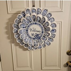 Blue and White Floral 'Welcome' Spoon Wreath Wall Decor